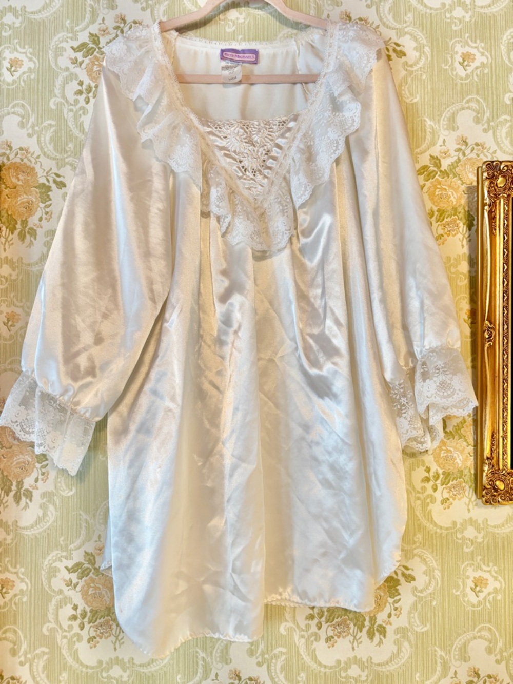 Vintage 70s Satin Lace Nightgown Dress L Ivory Romantic Victorian Cottagecore